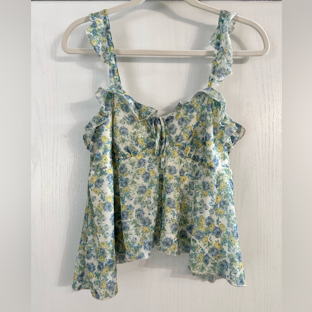 wild fable Blue & Yellow Floral Ruffle Tie-Front Camisole